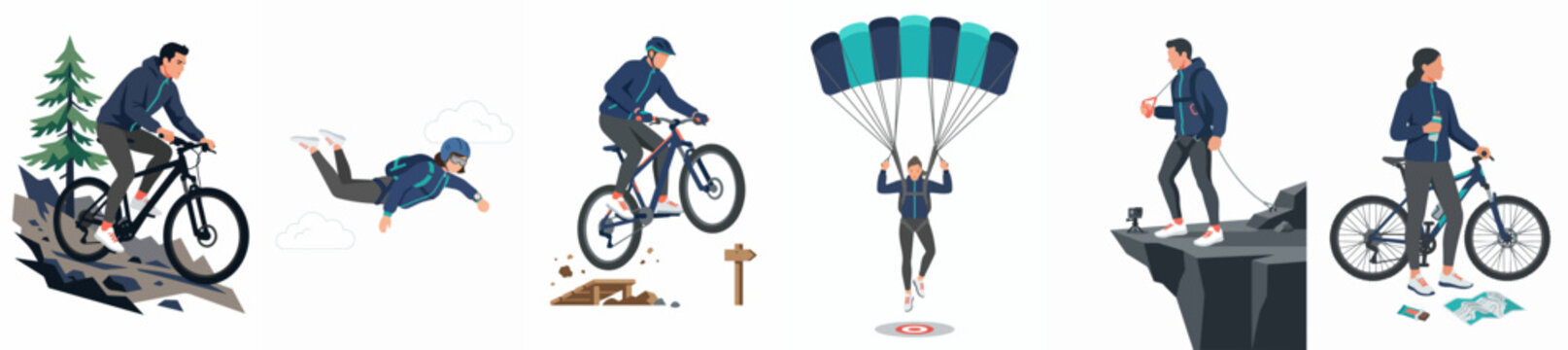 Set of Flat Vector Illustrations Featuring Extreme Sports and Outdoor Adventure Activities Like Mountain Biking, Skydiving, and Hiking