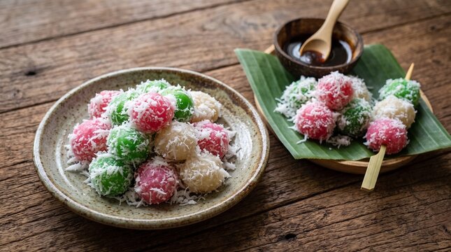 Indonesian kue cenil, colorful tapioca balls coated in grated coconut served on ceramic plate and banana leaf platter with coconut shell palm sugar bowl, side view on rustic wooden table.