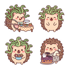 Fototapeta premium Cute hedgehog characters wearing medusa and spooky outfits sticker set