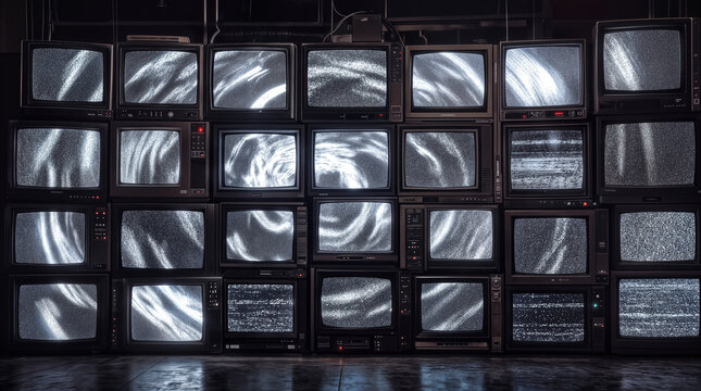 Vintage television wall displaying static and white noise patterns. Retro technology stack with distorted analog signals in dark room.