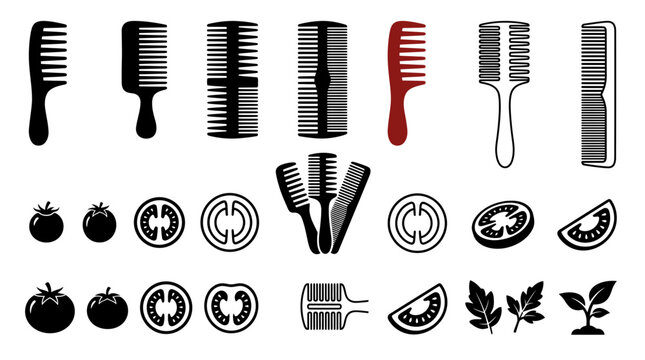 Hair comb and tomato icon set with plant elements in flat vector style