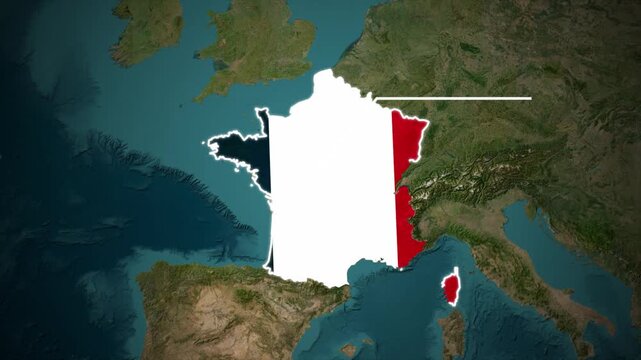 France Country Map and Flag on Satellite Map Background, France Map Animation with National Flag, France Location Map with French Flag, France Country Map Animation &ndash; Europe Geography