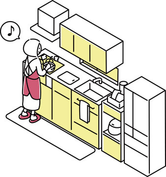 壁付けキッチンのアイソメ図(人あり)_2色