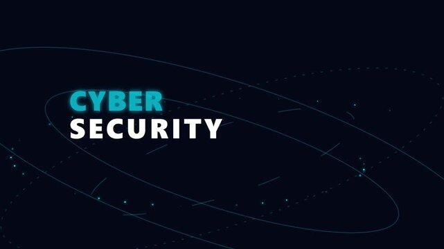 Cyber Security text animation with digital circular data HUD elements on dark background.