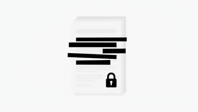 A classified document with black redaction bars and a padlock isolated on white background. Ideal for data security and privacy concepts.
