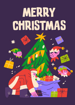 Merry Christmas vertical banner with Santa Claus putting gifts under Christmas tree and cute elves. Flat vector illustration