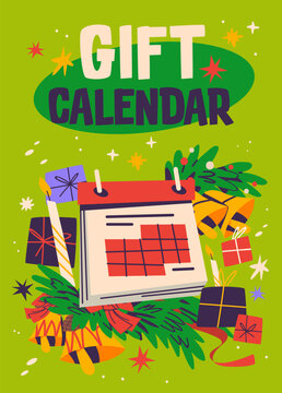 Gift Calendar Christmas vertical poster with flip calendar, holiday gifts, fir branches, and bell. Vector illustration