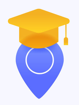 Education location vector icon with yellow graduation cap and blue map pin point