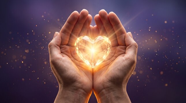 Glowing crystal heart held in cupped hands, radiant diamond heart symbol of love and hope, spiritual light and healing energy concept