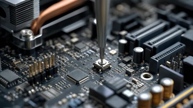 Precision screwdriver repair motherboard circuit board chip technology detail electronic component repair closeup, precision screwdriver microchip