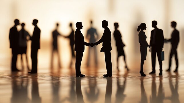 Silhouette of two businessmen shaking hands at meeting. Dark figures of business people networking, woman talking with colleague. Partnership and teamwork concept