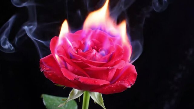 Red Rose Engulfed in Vibrant Pink and Blue Gas Flames Macro Close Up