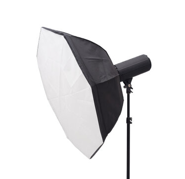 Studio Flash Strobe Light with Softbox Modifier Isolated on White
