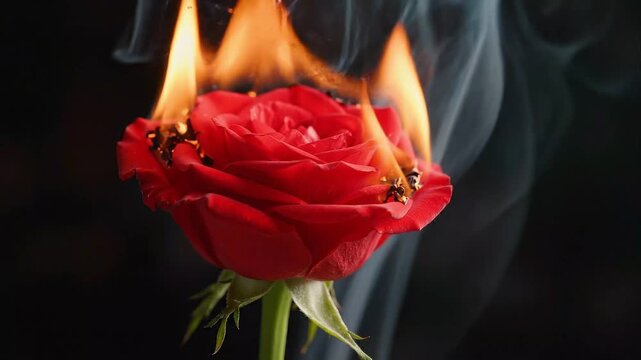 Red Rose Petals Burning with Bright Fire Flames and Smoke