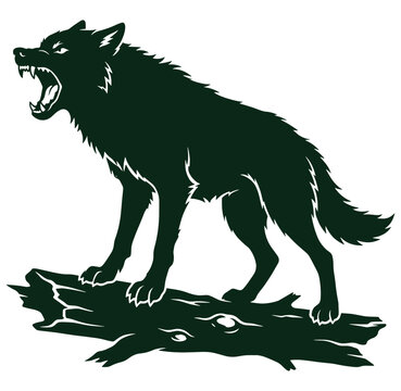 Angry wolf standing on a tree branch and growling loudly outside