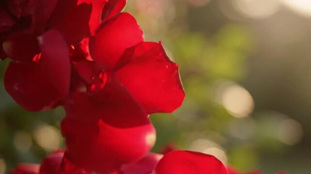 Red Rose Petals Falling Gently in Slow Motion with Warm Sunlight Bokeh Background