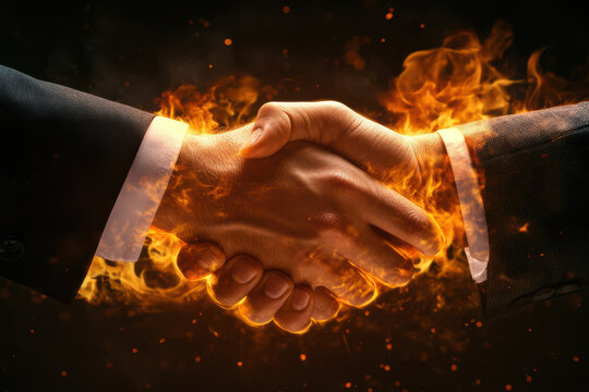 Close up of a business meeting handshake with flames