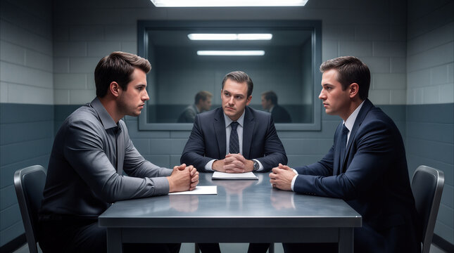 Lawyer conducting interrogation with two men in secure room. Legal consultation or police questioning session in modern facility.