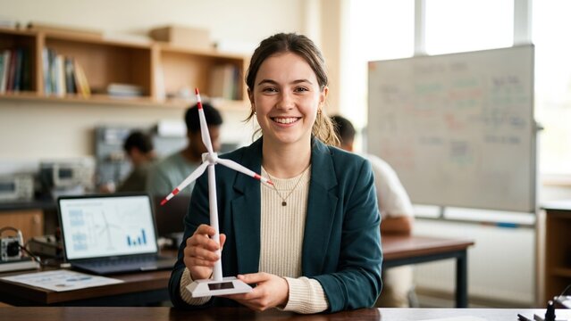 Young female engineer student holding a small wind turbine model in a university lab