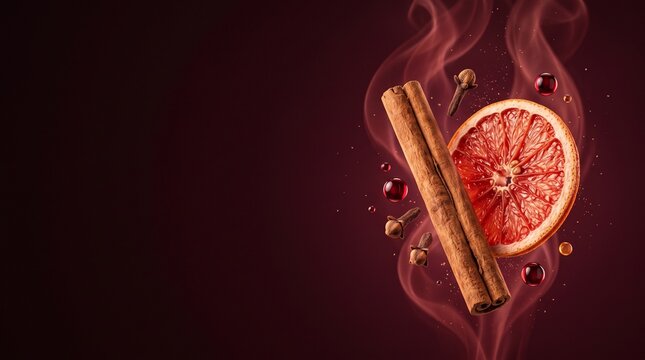 Spiced mulled wine ingredients with cinnamon stick, dried grapefruit slice and clove in red steam, cozy winter hot beverage concept, dark burgundy background with copy space for banner design