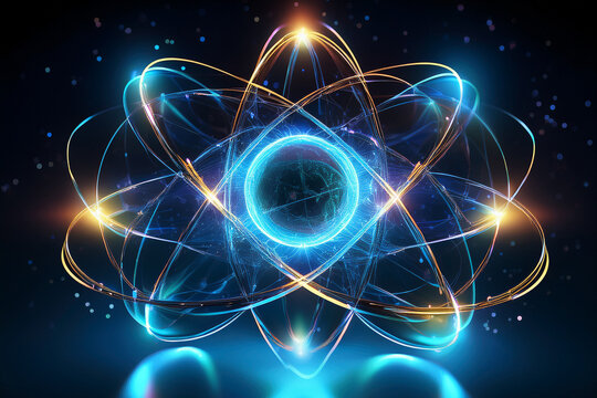 Quantum Physics: Atomic Structure Model with Neon Blue Orbits