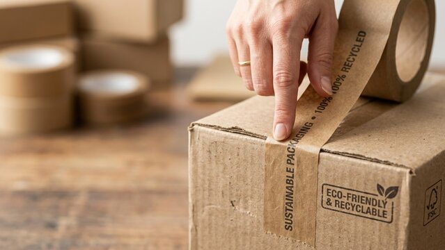 Person sealing a cardboard box with sustainable paper packaging tape for eco friendly shipping