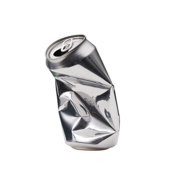 Vertical Crushed Silver Aluminum Soda Can Isolated on White