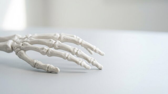 Anatomical human hand skeleton model on white background