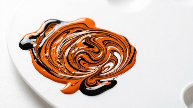 Abstract Swirl of Orange and Black Paint on an Artist Palette