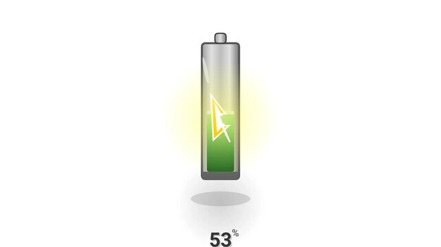 Battery charging animation showing energy level increasing from zero to one hundred percent with green indicator.