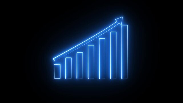 Digital business bar chart animation with steadily rising arrow and dotted trend line. Illustrating strong revenue growth . Abstract growth graph,