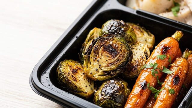 Healthy Roasted Brussels Sprouts and Glazed Carrots in Takeout Container