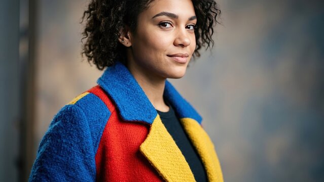 Portrait of a Stylish Young Woman in Colorful Textured Coat