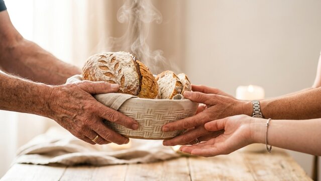 Family hands sharing warm fresh sourdough bread