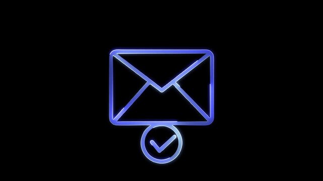 Glowing neon blue email box and check mark verified icon animation. Mailbox with check mark