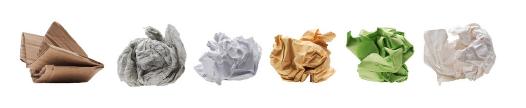 Crumpled Paper and Cardboard Pieces Isolated on White Background