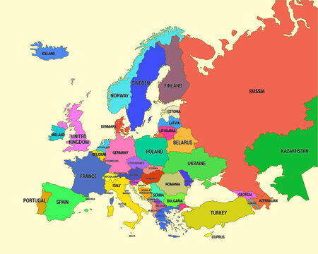 Vector Illustration of Colorful Europe Map. 51 European Countries Map.