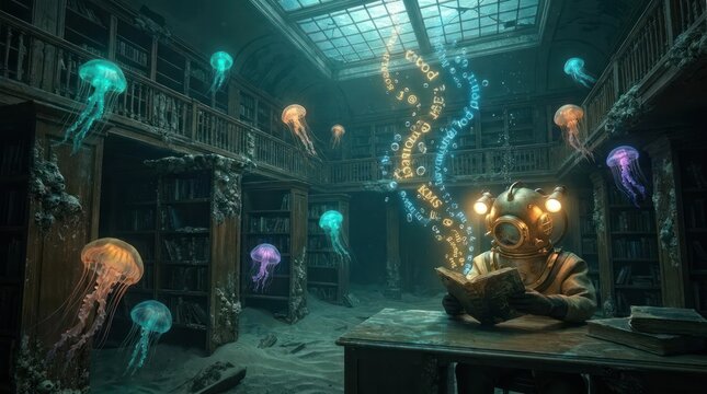 Steampunk diver reading in submerged library with jellyfish.
