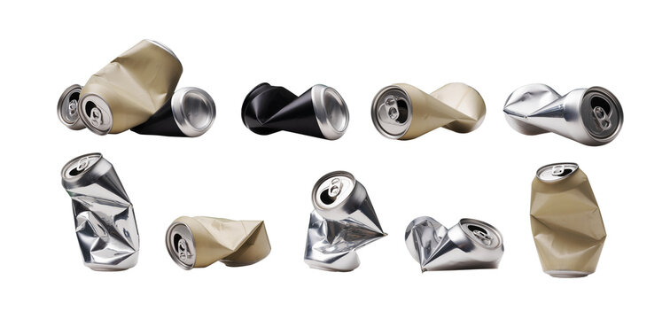 Collage Set of Crushed Aluminum Cans Isolated on White Background