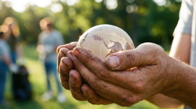 Weathered hands holding small glass earth globe outdoors.