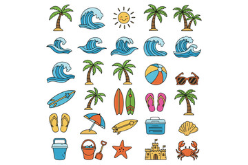 Fototapeta premium Collection of vibrant vector icons depicting various elements associated with summer and beach vacations, including palm trees, ocean waves, sun, surfboards, and sand toys, arranged on a crisp white.