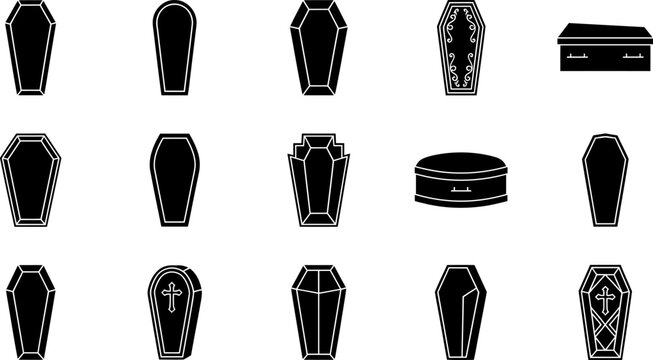 Set of various black silhouette icons representing different types of coffins and funeral caskets for design projects