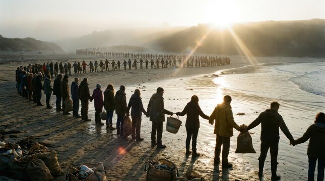 Long line of people holding hands on beach sunset.