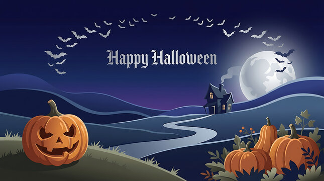 Happy Halloween landscape background with pumpkin patch field road haunted house crescent moon and bats vector