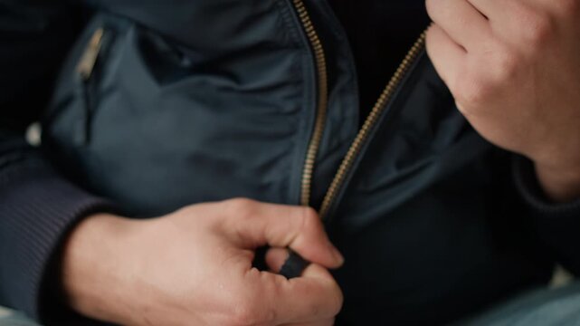 Close up of hands zipping dark jacket with visible texture and stitching. person wears blue jeans focusing on action without background distractions. Soft lighting highlights skin details