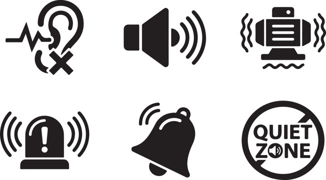 Set of black flat icons depicting noise, vibration, hearing protection, alarm signals, and a quiet zone sign on a white background
