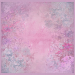 Fototapeta premium Abstract Geometric Digital Background: Vintage Shabby Chic Botanical Garden Pattern with Soft Watercolor Wildflowers, Flying Birds, and Aged Parchment Texture Pink