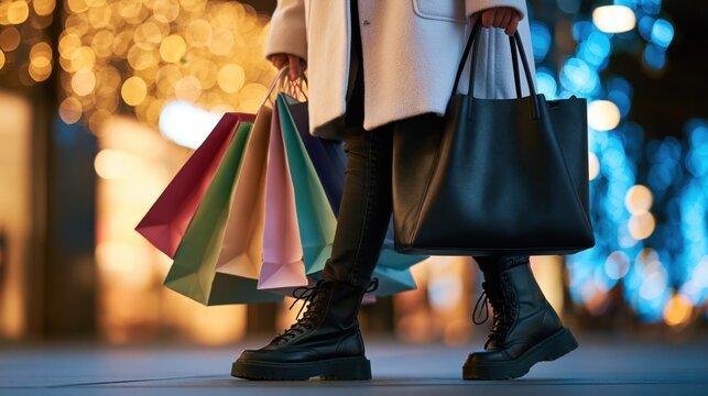 Woman walking with shopping bags. On black friday sale