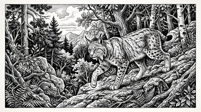 Classic vintage engraving showing wild animals moving through a detailed forest landscape with trees and natural vegetation.