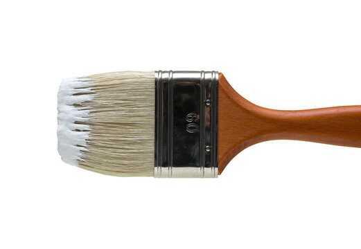 Isolated Wooden Paint Brush Dipped in White Paint on White Background